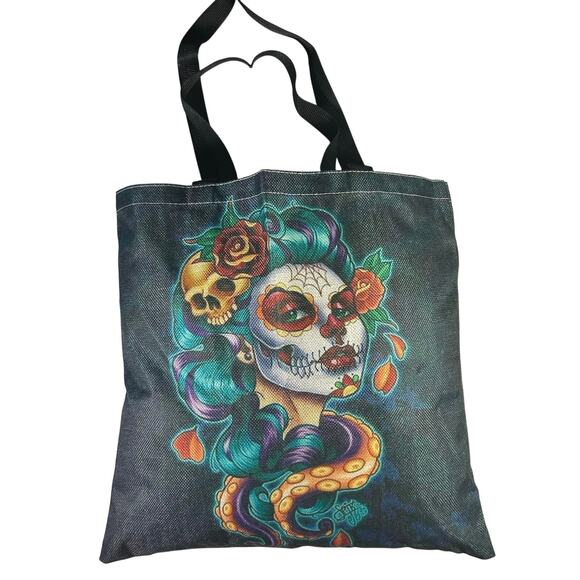 Day of the Dead Sugar Skull Canvas Double Handle Tote Bag - Picture 1 of 3